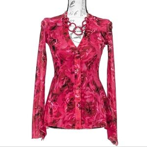 FUZZI Jean Paul Gaultier Red and Pink Floral V Neck Top